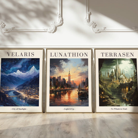 Sarah J Maas Universe Set of 3 Posters: Velaris City of Starlight, Lunathion Crescent City, Terrasen Throne of Glass - ACOTAR bookish quotes