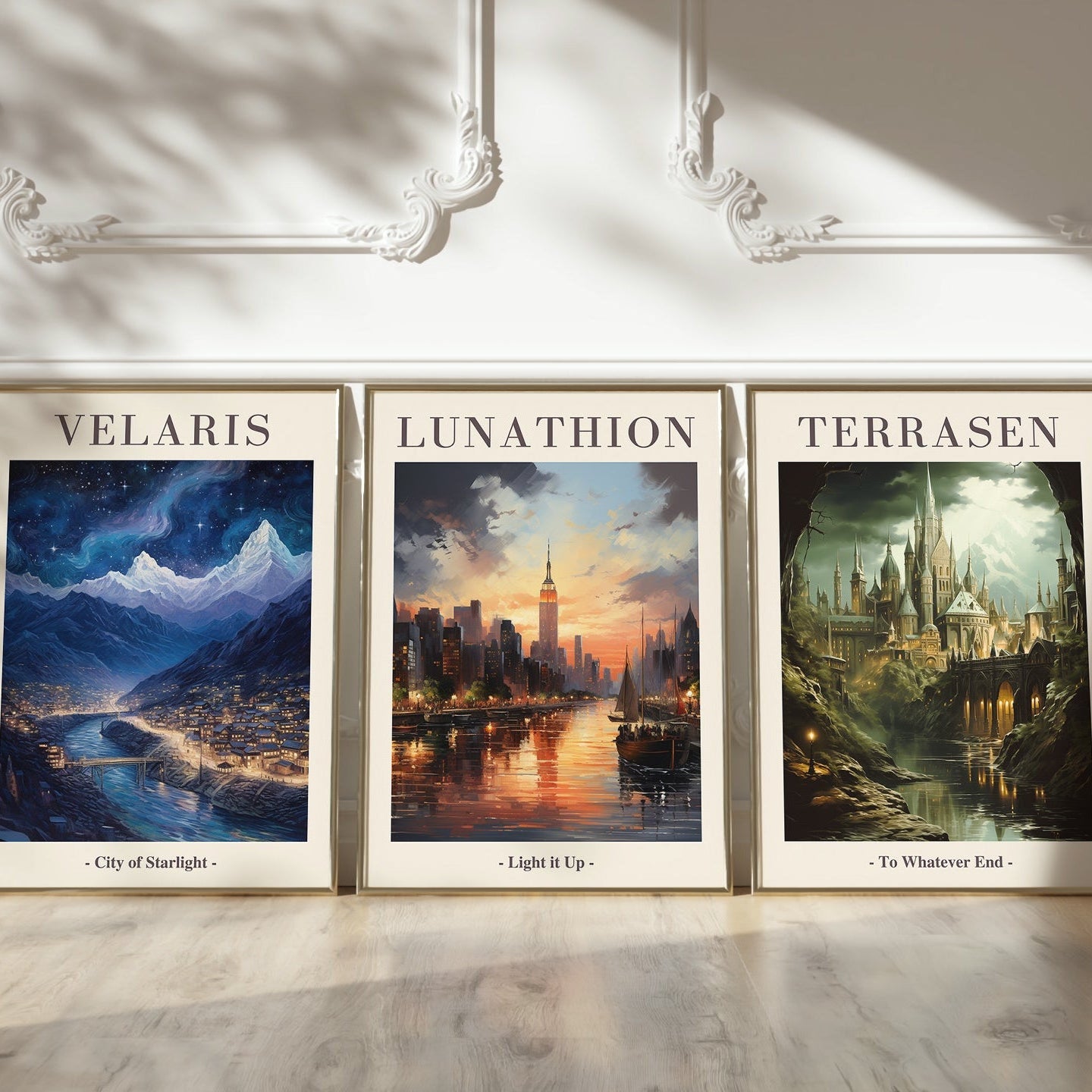Sarah J Maas Universe Set of 3 Posters: Velaris City of Starlight, Lunathion Crescent City, Terrasen Throne of Glass - ACOTAR bookish quotes