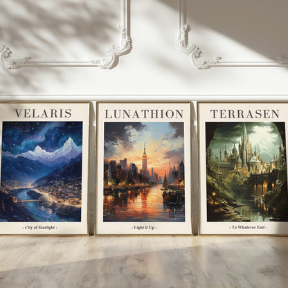 Sarah J Maas Universe Set of 3 Posters: Velaris City of Starlight, Lunathion Crescent City, Terrasen Throne of Glass - ACOTAR bookish quotes